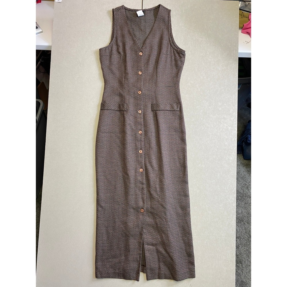 Vintage My Michelle Brown Plaid Button Front Maxi Dress Back Cinch Size 9/10